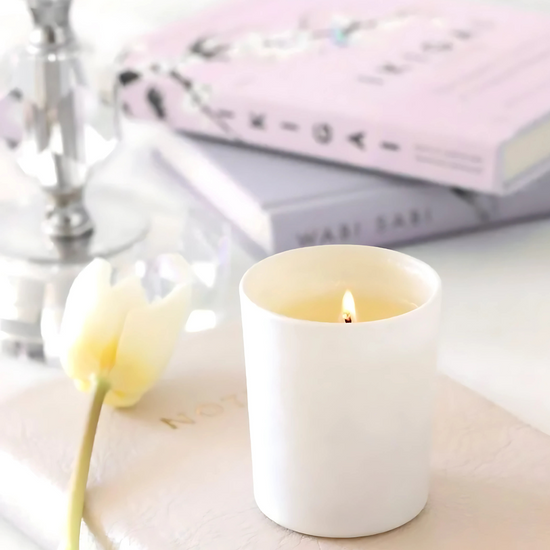 Matte White Crystal Candle Holder / Bamboo Lid